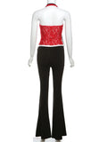 Red Lace Sheer Halter Crop Top And Flare Pants Set- Outfit