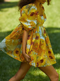 Square Neck Pleated A-Line Dress Spring Summer Short Sleeve Loose Floral Print Dress Women Elegant Puff Sleeve Party Dress 211-1-Outfit