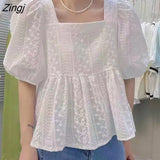 Sleeve Blouses Women Simple Loose Gentle Korean Style Fashion Sweet Temper Summer Square Collar Ulzzang All-match