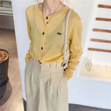 Women's Cashmere Cardigan Autumn Korean Small Spaceship Embroidered O Neck Light See Through Thin Button Sweater