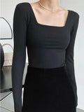 square-neck t-shirt women's slim-fit exposed collarbone low-neck short top bottoming