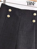 Women Fashion Front Metal Buttons Tweed Shorts Vintage High Waist Side Zipper Female Short Pants