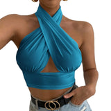 Summer Tank Tops Sexy Solid Color Cross Halter Neck Push Up Hollow Crop Tops 2022 New