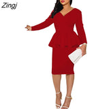 Sexy V Neck Party Dress Women Elegant Solid Long Sleeve Long Dress Boho Fashion Office Lady Dresses