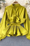 Women Yellow/Black/White Draped Ruffle Blouse Vintage Stand Collar Puff Long Sleeve Single Breasted Slim Blusas Female Tops