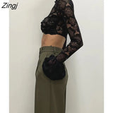 Lace See Through Petal Long Sleeve T-shirt Women Hollow Out O Neck Slim Patchwork Top Sheer Tees Fashion