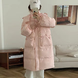 Korean Sweet Bamboo Buckle Down Jacket Female Long 2024 Winter New Hat Over The Knee Thick Warm Coat-Outfit