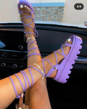 Women's Shoes 2023 New Summer Tie Flat Net Red Tide Pure Color Muffin Thick Soles Large Roman