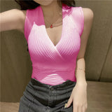 Zingj Summer New Dark V-Collar Sexy Low-Cut Knitted Vest For Women With 12-Color Slim Striped Solid-Color Bottomed
