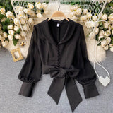 Spring Shirt V-neck Puff Sleeve Strap Slim Cropped Top Single Breasted Female Bandage Blouse