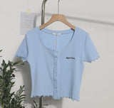 Casual Wood-Eared Embroidery Short Small Cardigan Bottom Shirt T-Shirt T-Enum T-Shirt