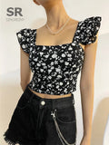 Zingj Summer Floral Strap Tops Women Square Neck Bow Ruffles Short Camisole Fashion Korean Flower Ladies Elastic Waist Top 211-0-Outfit