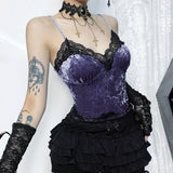 Dark Velvet Lace Sling 2023 Fall New Sexy Spicy Girl Spliced Blouse