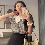 Shirts Women Peter Pan Collar Sweet Loose Lace Button Retro Puff Short Sleeve Blouses Design French Style Summer Mujer