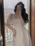 Vintage Fashion Midi Dress For Women Summer Lady One Piece Party Clothing Outfits