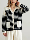 And Winter Single-Dcup Buckle V-Neck Pocket Knitted Cardigan New Striped Impact