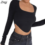 Women Ribbed Knitting Crop Tops Square Neck Autumn Wrap Tops Irregular Hem Solid Color Pullover Casual Party Streetwear