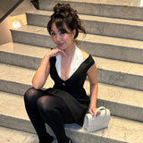 Black Off-Shoulder Contrast Halter Buttoned Mini Dress-Outfit