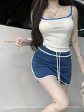 Girls Minimalist Suit Women's Summer Short Strap Top Versatile Contrast Color High Waist Casual Mini Skirt Two-piece