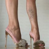 Onlymaker Peep Toe Mules Artificial Fur Slip On Gold White Thin High Sandals Big Size High Quality Summer Women Brand