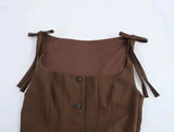 Brown Gingham Tie Up Square Neck Pleated Mini Dress- Outfit