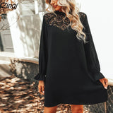 Black Lace Trumpet Sleeve Mini Dress For Women Sexy Loose Party Shift Dress 2023 Spring Autumn Female A-line