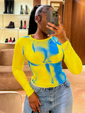 Print Crop Tee Shirts Women Fall Spring Y2K Korean Fashion Long Sleeve O-neck Skinny Top Tshirt