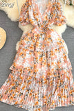 Women Floral Chiffon Draped Long Dress Vintage V-Neck Short Puff Sleeve High Waist Ruffle Pleated Vacation Beach Robe