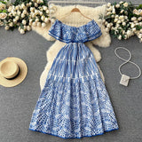 One-Word Collar Dress Women's High-End Lotus Leaf Edge French Embroidery Hollowed-Out Shoulder Waist Holiday