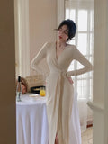 Knitted V-neck Midi Dresses for Women 2023 Autumn Elegant Party Fashion Split Korean Casual Long Sleeves Female