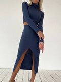 2 Piece Sets Womens outfits Winter Long Sleeve Turtleneck Crop Top And Women Midi Black Skirt Split Sexy Casual