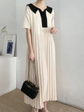 Women's Knitted Dresses 2024 Korean Fashion Short Sleeve Lapel Ladies Casual Loose Vintage Knitting Long Dress