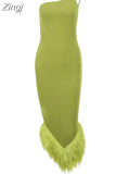Women Autumn 2023 New Y2K Light Green Feather Sexy&Party High Street Asymmetrical One Shoulder Slip Skinny Chic