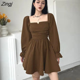 Autumn Dress Women Square Collar Chic Basic Mini Vestido Long Sleeve Slim Stylish Ladies Clothing Pure OL Minimalist