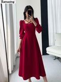 New Women Vintage Elegant Party Midi Red Dress Lady Birthday Party A Line Fashion Robe Female Clothing