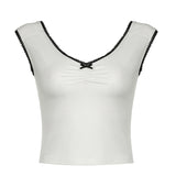 Trend Sweet And Spicy Style Small Sexy V-Collar Bow Splicing Color Slimming Vest T-Shirt 2024 Spring / Summer New