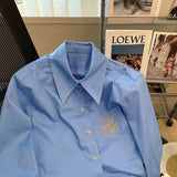 Elegant Women Blouses Spring Clothes Ladies 2024 Korea Blue Embroidered Shirt for Women's Spring New Casual Oversized
