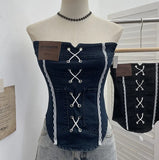 Sexy Water Wash Denim Pocket Spliced Lace Bra Design Without Strap Vest