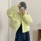 Korean Version Vertical Collar Down Jacket Women's Short Style 2024 Winter New Thickened Warm White Duck Velvet Large Pocket Bread Coat-Outfit