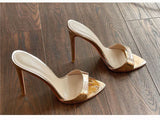 Onlymaker Women's Peep Toe Mules Gold Slip On Thin High Sandals Big Size Classic Fashion Lady