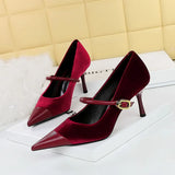 Zingj Banquet High Heels Fine Heel Shallow Pointed Top Xishi Suede Stitching Pointed Metal Buckle One Word Strip Single