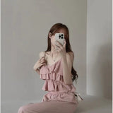 Version Of Summer Sling Suit Vertical Collar Lace Pleated Blouse Tea Is A Complete Set Of Elastic Wide-Leg