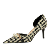 Zingj Korean Version With High Heel Shallow Mouth Pointed Head Side Hollow Cloth Plaid Grain Pearl Metal Chain Thousand Bird Case Single