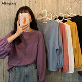 Long Sleeve T-shirts Women Basic Tops Lantern-sleeve Baggy Tshirts O-neck Preppy Style Casual Candy Colors Korean