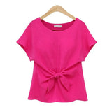 Summer Women Batwings Bowknot Blouses O-Neck Short Sleeve Shirts Casual Chiffon Slim Tops Plus Size Oversize