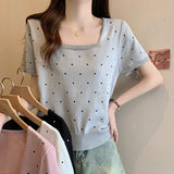 Zingj New Summer Printing Wave Point College Style Ice Silk T-Shirt Square Collar Short-Sleeved Sweater T-Shirt