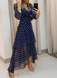 Women's Wear Spring And Autumn Wave Point Irregular Printing V-Collar Long Dress Women's