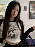 Black And White Stitching Contrast Color Cotton Printed Short Top Tight-Fitting Long-Sleeved T-shirt Women Grunge