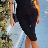 Women Elegant Tank Sleeveless Solid Midi Sexy Bodycon Casual Black