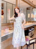 Elegant Floral Chiffon Party Dress Women Fashion Puff Sleeve A Line Midi Dress Sweet Square Collar Korean Female